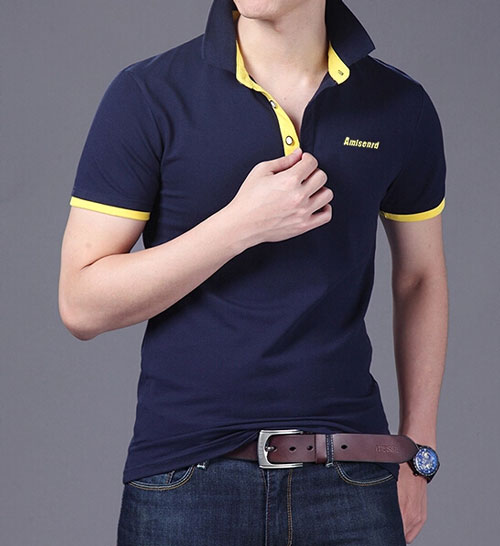 精棉萊卡高檔POLO衫定做,藏青色搭配黃色效果款式圖