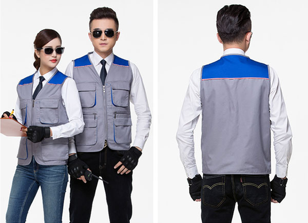 藏藍色拼桔色多口袋拉鏈款工裝馬甲定做后背款式圖