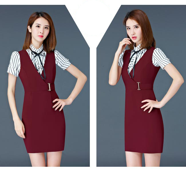 棗紅色商場專柜營業員工作服款式模特展示圖二