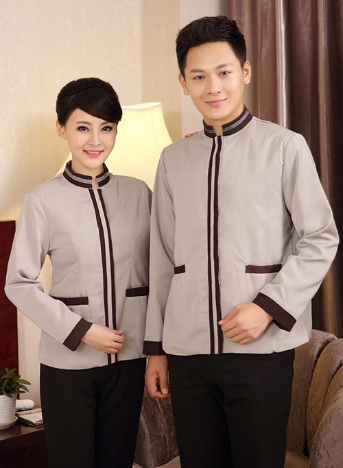 杏色男、女式長(zhǎng)袖保潔工作服定做款式