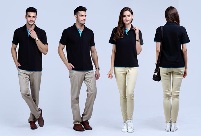 黑色配湖蘭色雙下擺短袖翻領t恤衫款式前后效果展示圖