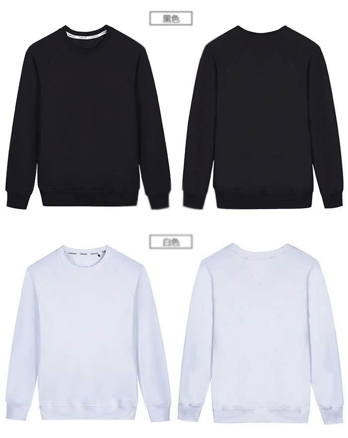 黑色及白色秋冬純色純圈插肩袖圓領衛衣定做效果展示