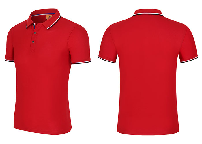 200克紅色款CVC間色領配織帶門瞳短袖翻領T恤衫工衣立體款式圖